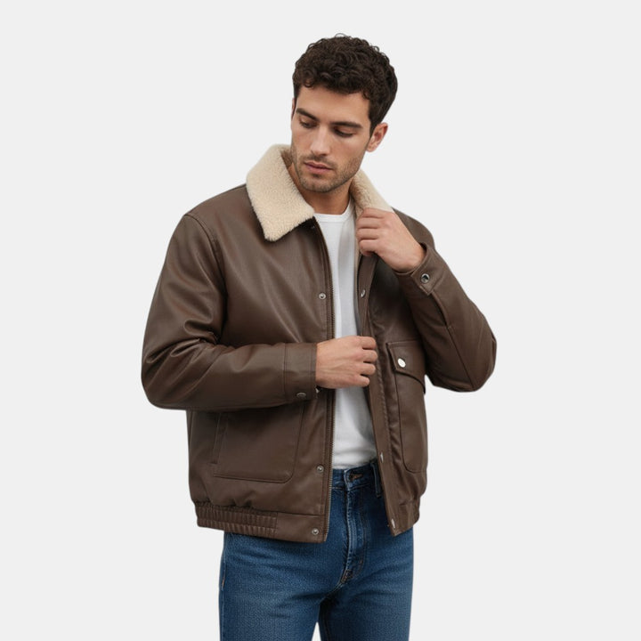 Men’s Moto PU Leather Jacket with Shearling Collar
