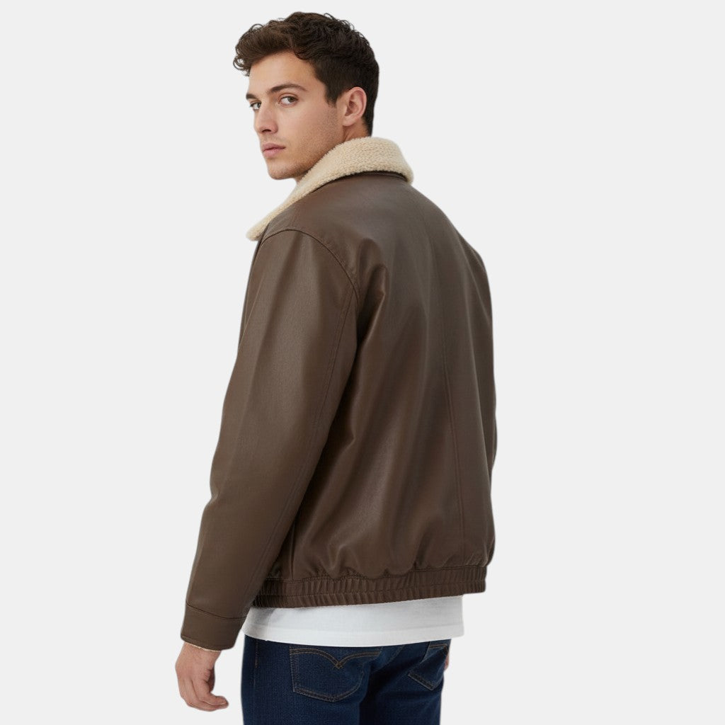 Men’s Moto PU Leather Jacket with Shearling Collar