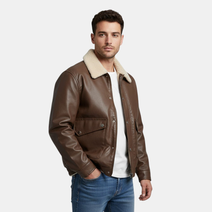 Men’s Moto PU Leather Jacket with Shearling Collar