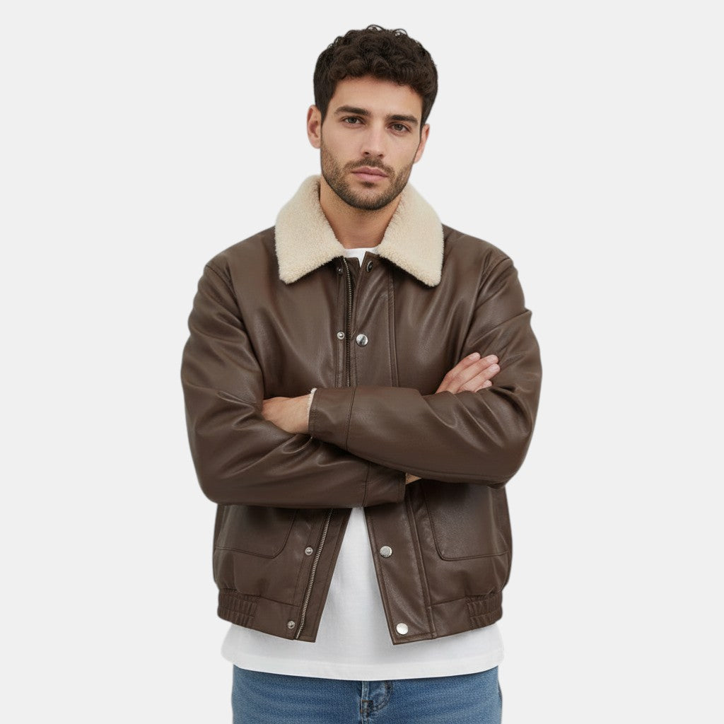 Men’s Moto PU Leather Jacket with Shearling Collar