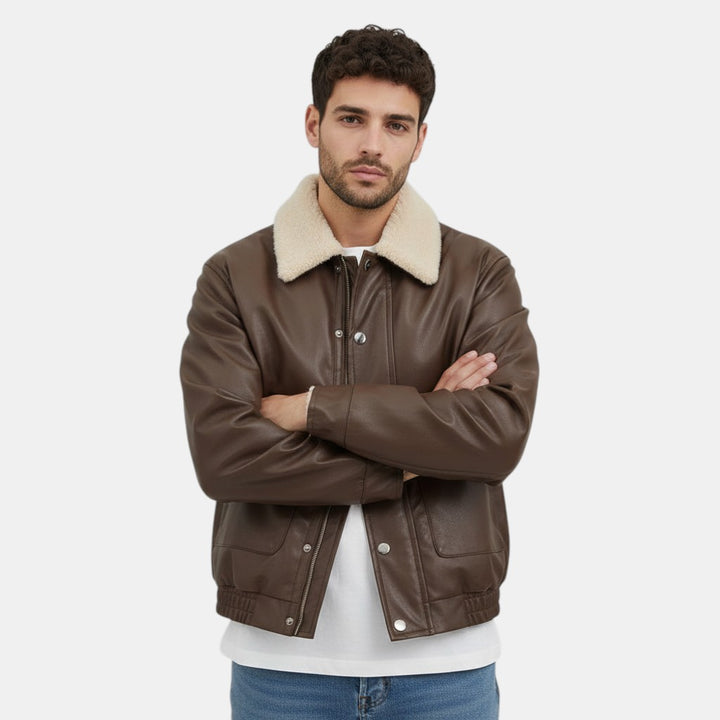Men’s Moto PU Leather Jacket with Shearling Collar