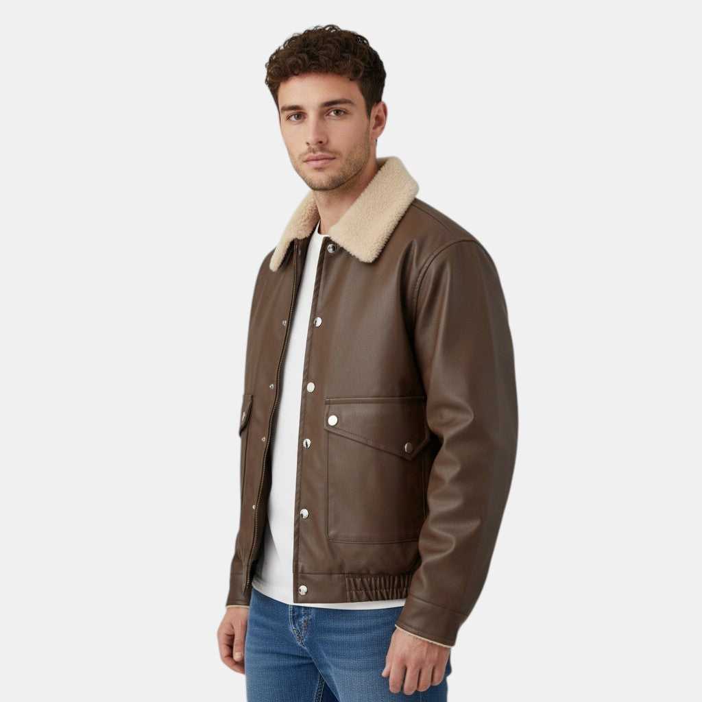 Men’s Moto PU Leather Jacket with Shearling Collar