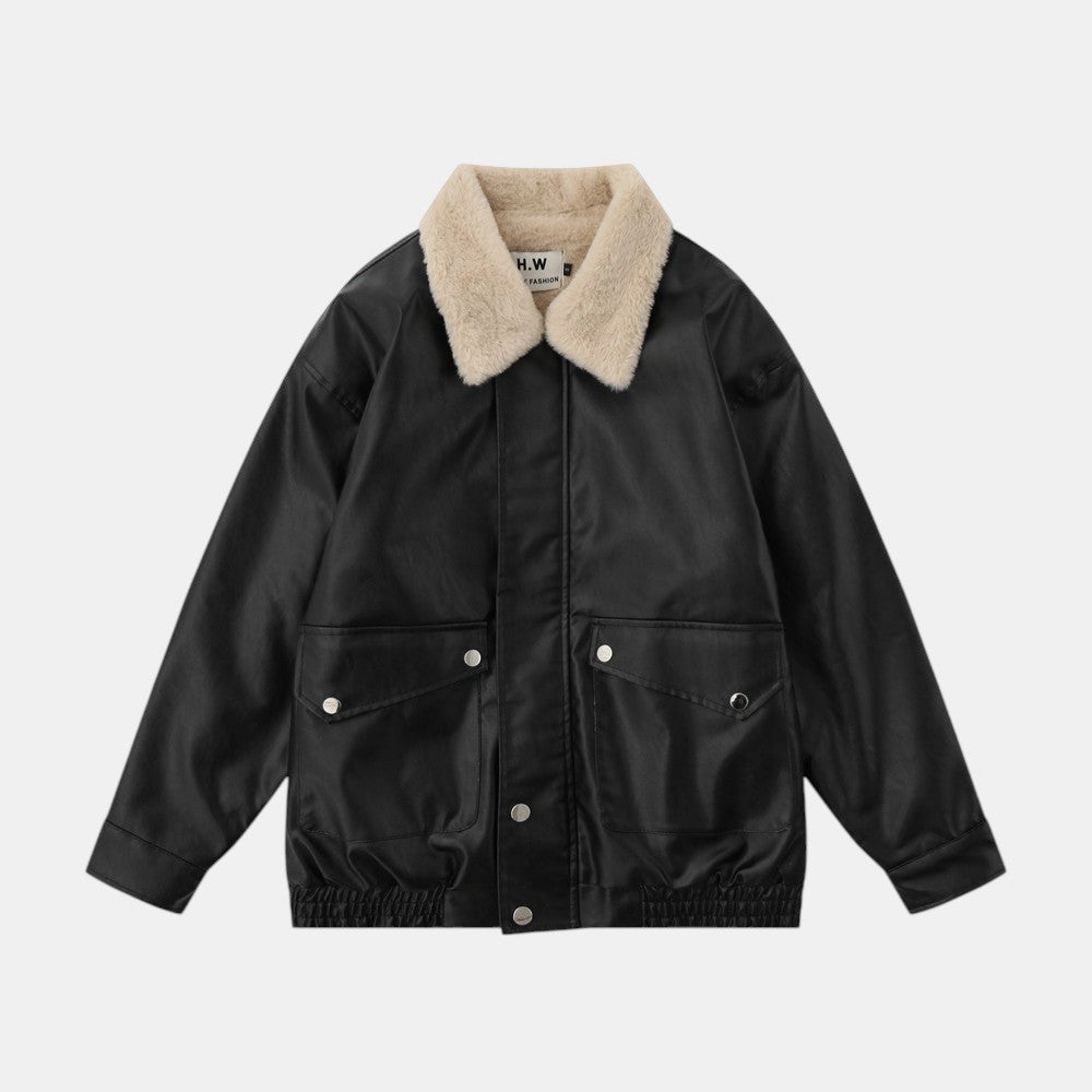Men’s Moto PU Leather Jacket with Shearling Collar