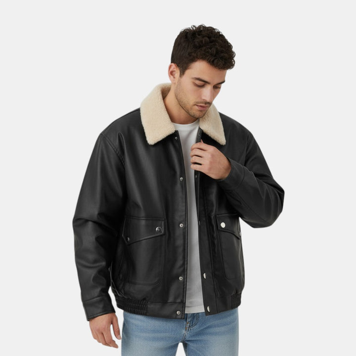 Men’s Moto PU Leather Jacket with Shearling Collar
