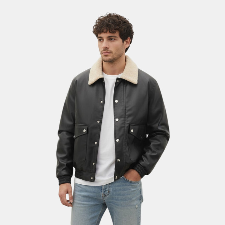 Men’s Moto PU Leather Jacket with Shearling Collar