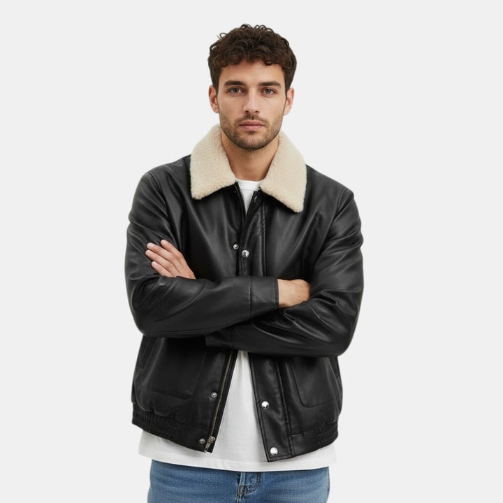 Men’s Moto PU Leather Jacket with Shearling Collar