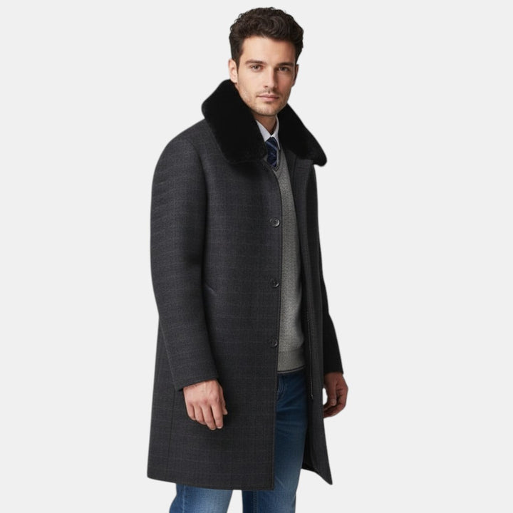 Men’s Long Overcoat with Faux Fur Collar