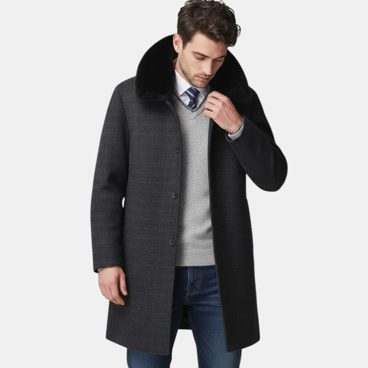 Men’s Long Overcoat with Faux Fur Collar