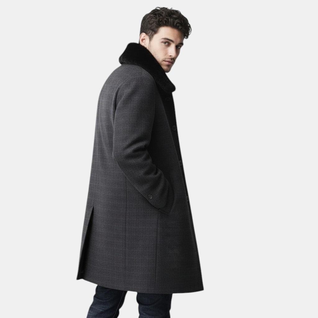 Men’s Long Overcoat with Faux Fur Collar