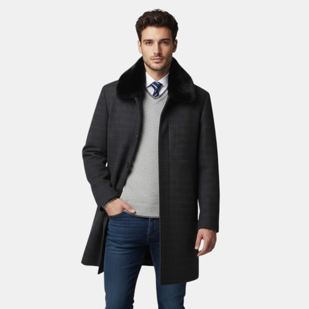 Men’s Long Overcoat with Faux Fur Collar